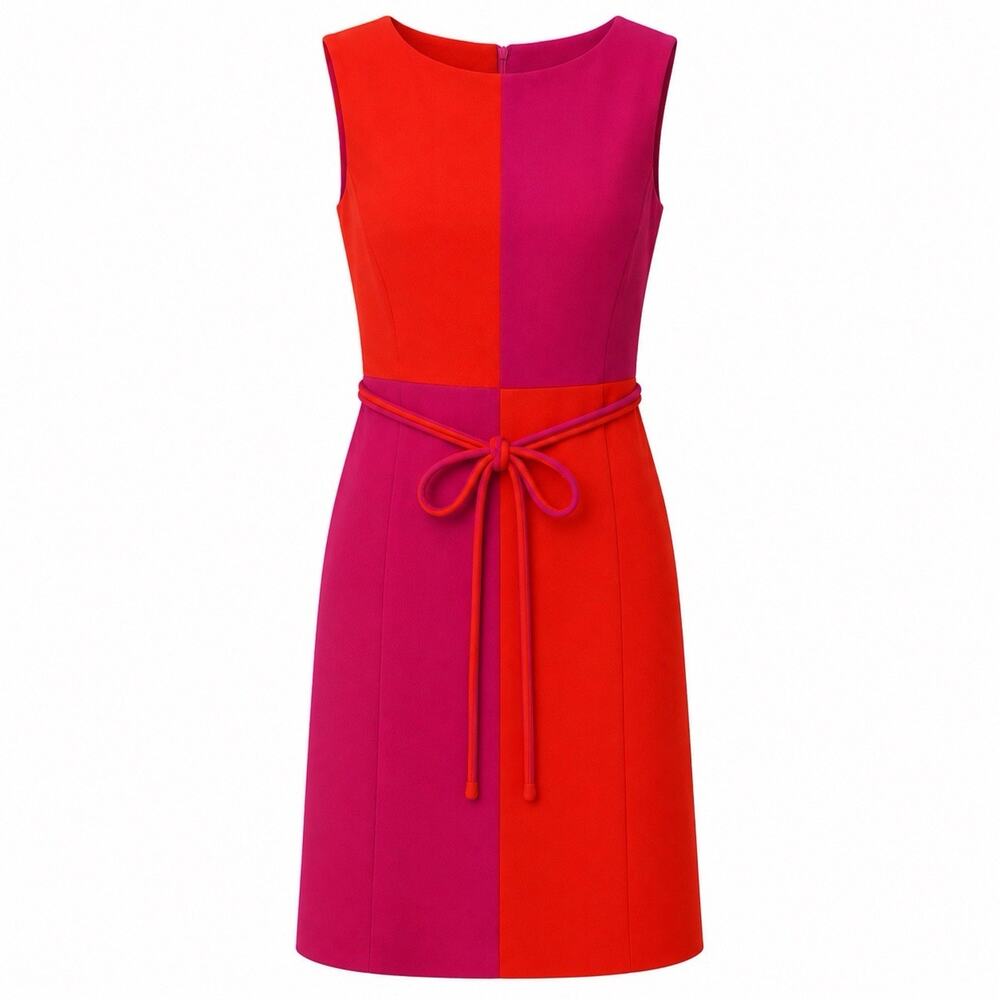 Trina Turk Coco Dress Size 8 Pink Orange Colorblock Sunset Sleeveless Tie Belt - Picture 1 of 12